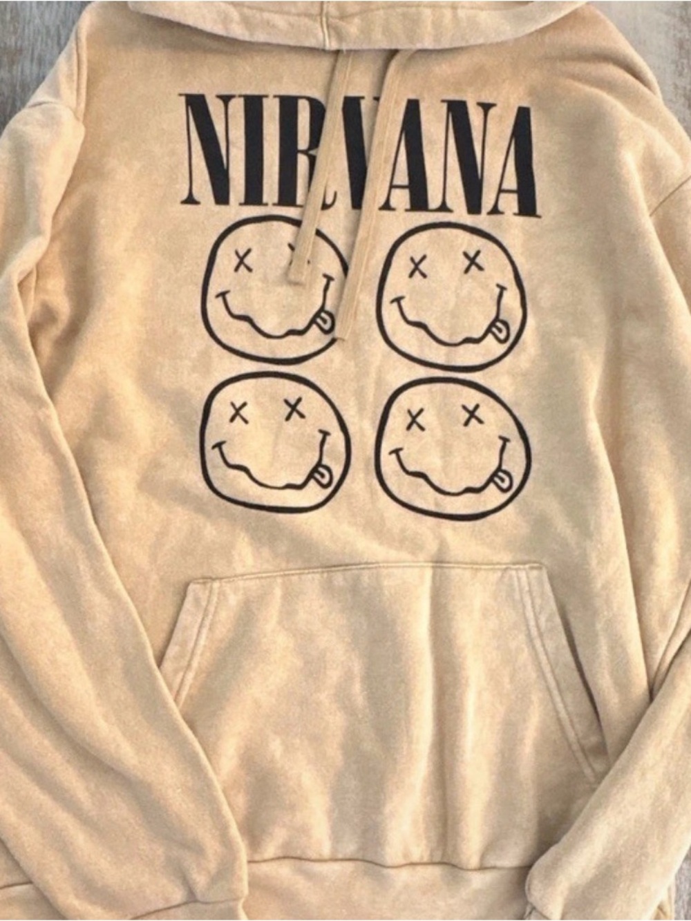 NIRVANA Tan Crewneck Hoodie with Black Smiley Faces